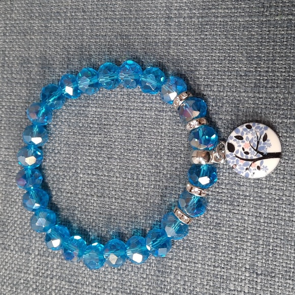 Bracelet Blue Crystal Tree of Life Charm Stretch Elastic Strength Symbol Pretty - Picture 1 of 3